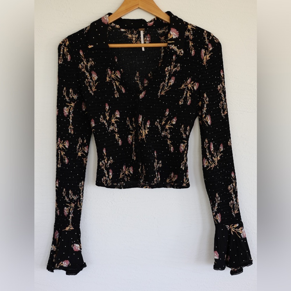 Free People Amelia Printed Blouse, Black Combo, S